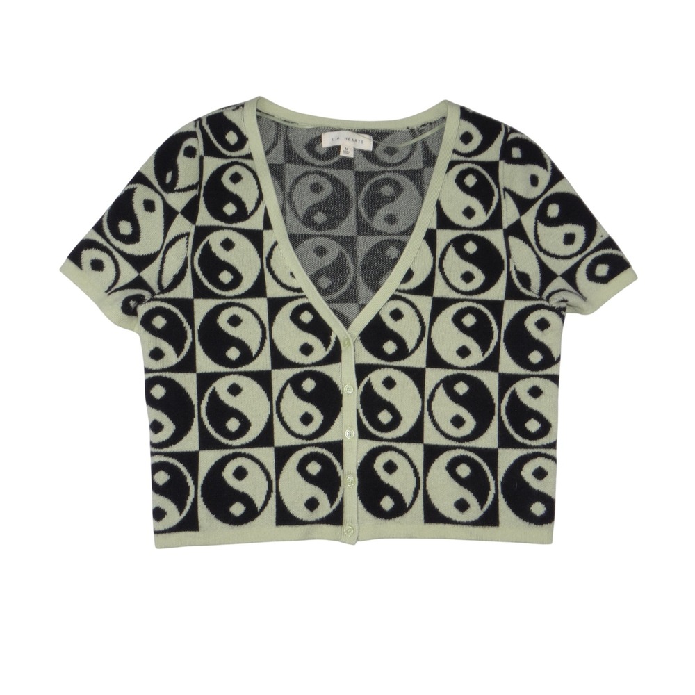 LA Hearts Womens Yin Yang Checkerboard Cropped Short Sleeve Cardigan M 4213